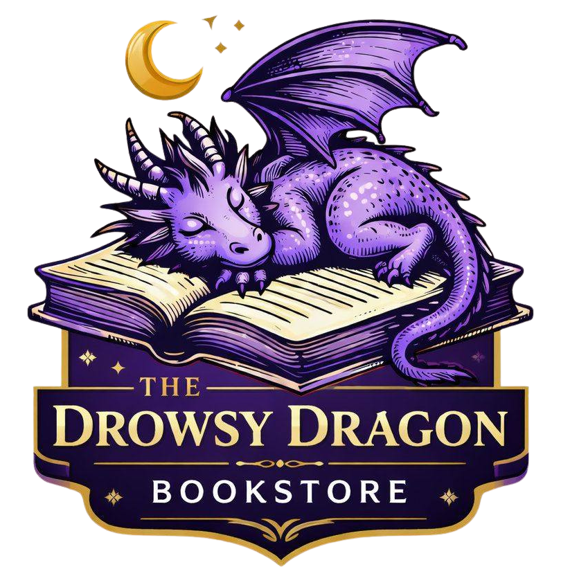 Purple dragon sleeping on a book logo for The Drowsy Dragon Bookstore in Cabot Arkansas serving Central Arkansas fantasy and romance readers