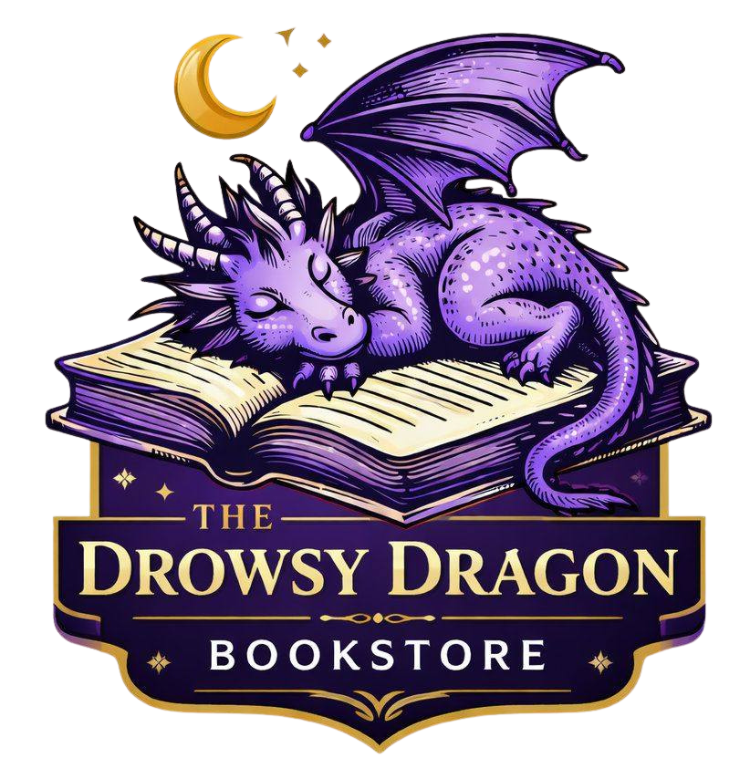 Purple dragon sleeping on a book logo for The Drowsy Dragon Bookstore in Cabot Arkansas serving Central Arkansas fantasy and romance readers
